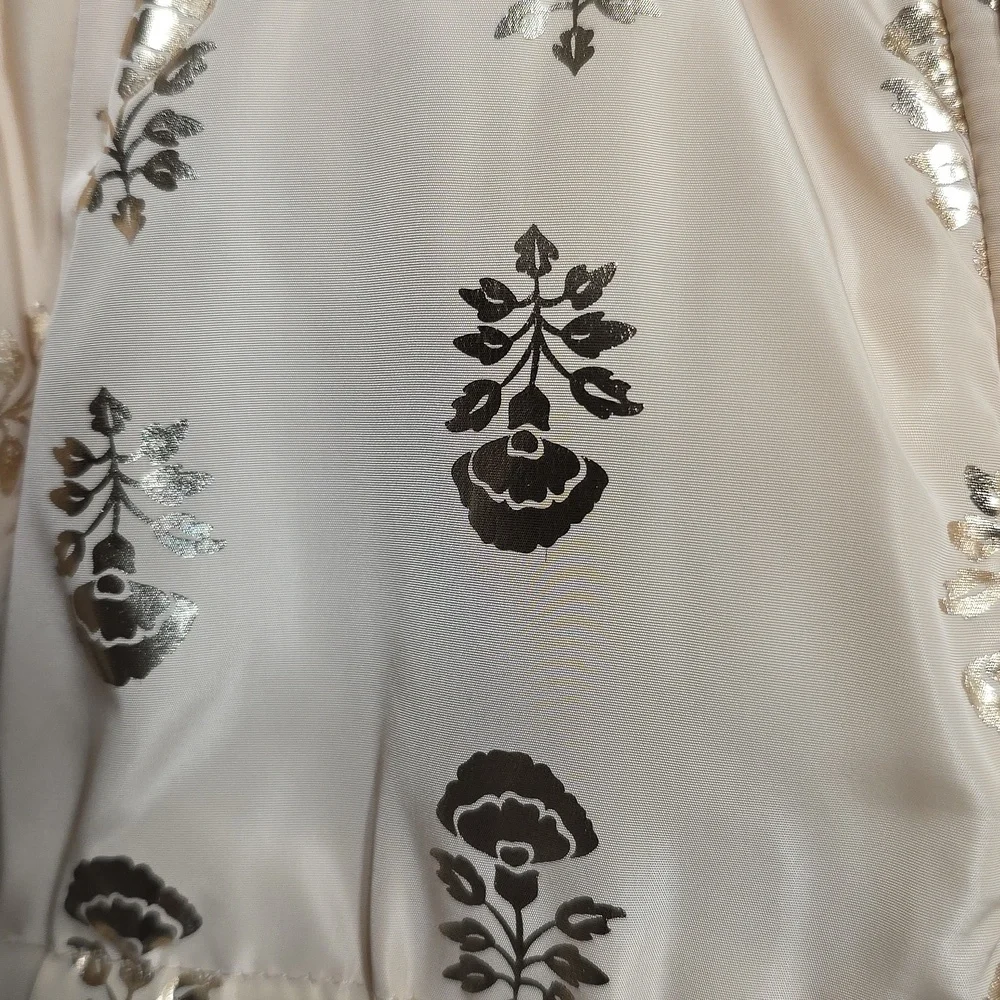 Nicole Miller-Tan Puffer Coat with Metallic Gold Flower Design. Size 5